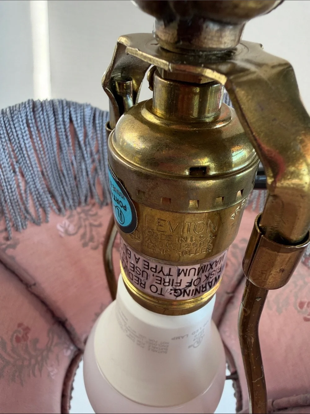 Vintage Victorian Fringe Table Lamp Pink Floral Shade Brass Base USA